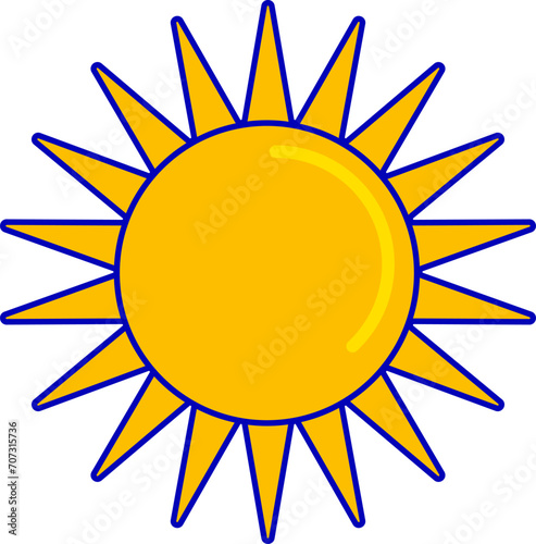 Bright yellow sun with blue outline, cartoon style sunburst. Sunshine graphic design for weather or summer themes. Vector illustration.