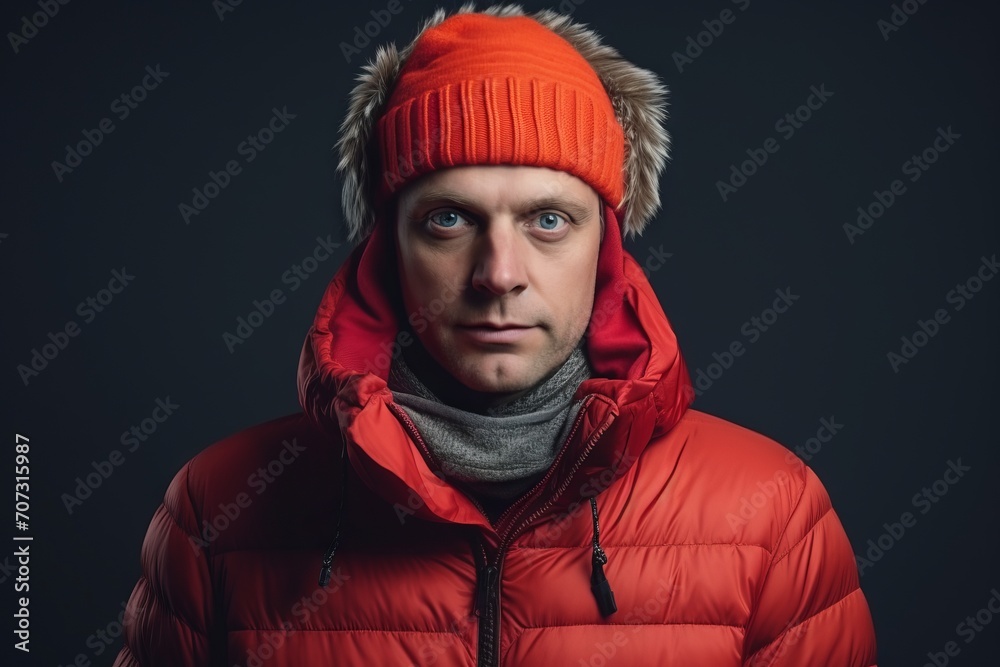 Portrait of a man in a red jacket and hat. Studio shot. Portrait of a man in a red jacket and hat. Studio shot.