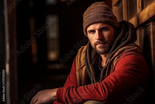 Portrait of a handsome young man with a beard, wearing a red jacket and a knitted hat, sitting on a wooden door