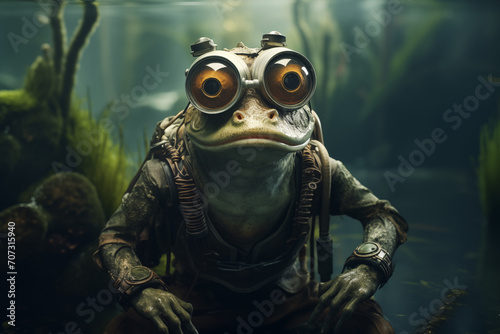 Portrait of an anthropomorphic frog in swimming goggles and a scuba suit at the bottom of a pond. Fantasy character.