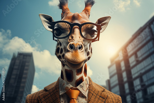 Portrait of funny giraffe wearing glasses and orange tie on the background of skyscrapers. Anthropomorphic animal character