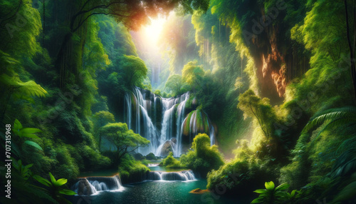 A scenic view of a waterfall in a lush forest, with a hidden cave behind it. Fantasy concept , Illustration painting © Background Hub