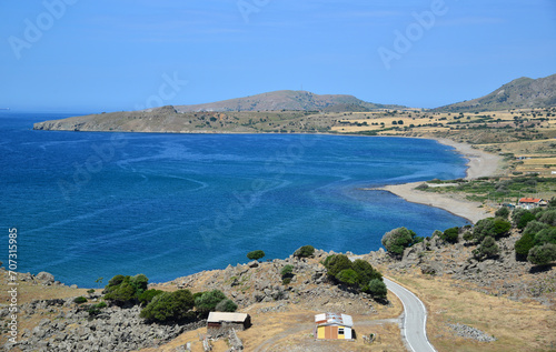 Fototapeta Naklejka Na Ścianę i Meble -  Kapikaya Beach, located in the Gokceada district of Canakkale, is one of the largest and most beautiful beaches on the island.