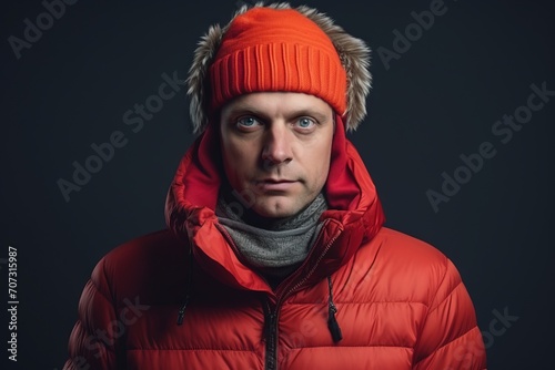 Portrait of a man in a red jacket and hat. Studio shot. © Iigo
