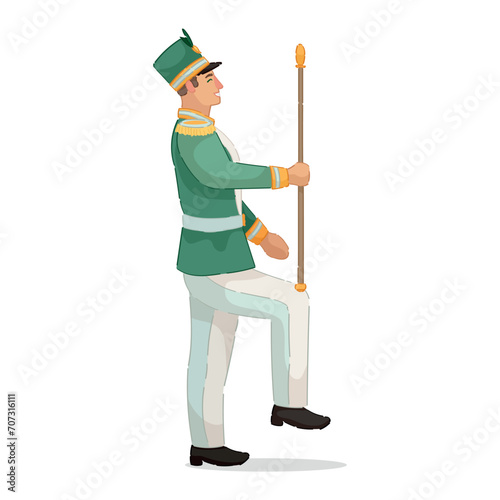 Marching drum major with mace on white background