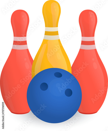 Three bowling pins and a blue bowling ball isolated on white background. Bowling game equipment concept. Indoor sport and leisure activity vector illustration.