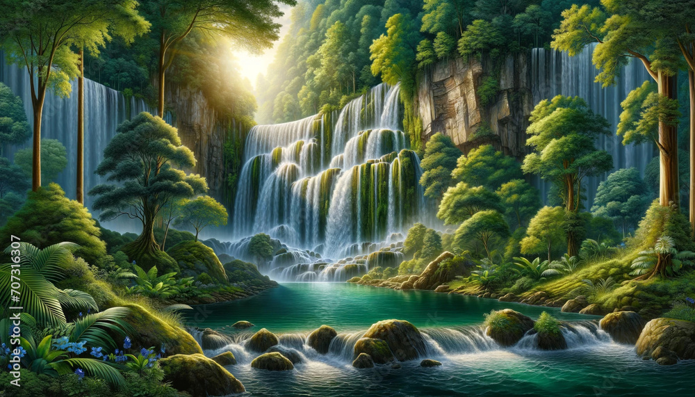 Fototapeta premium A scenic view of a waterfall in a lush forest, with a hidden cave behind it. Fantasy concept , Illustration painting