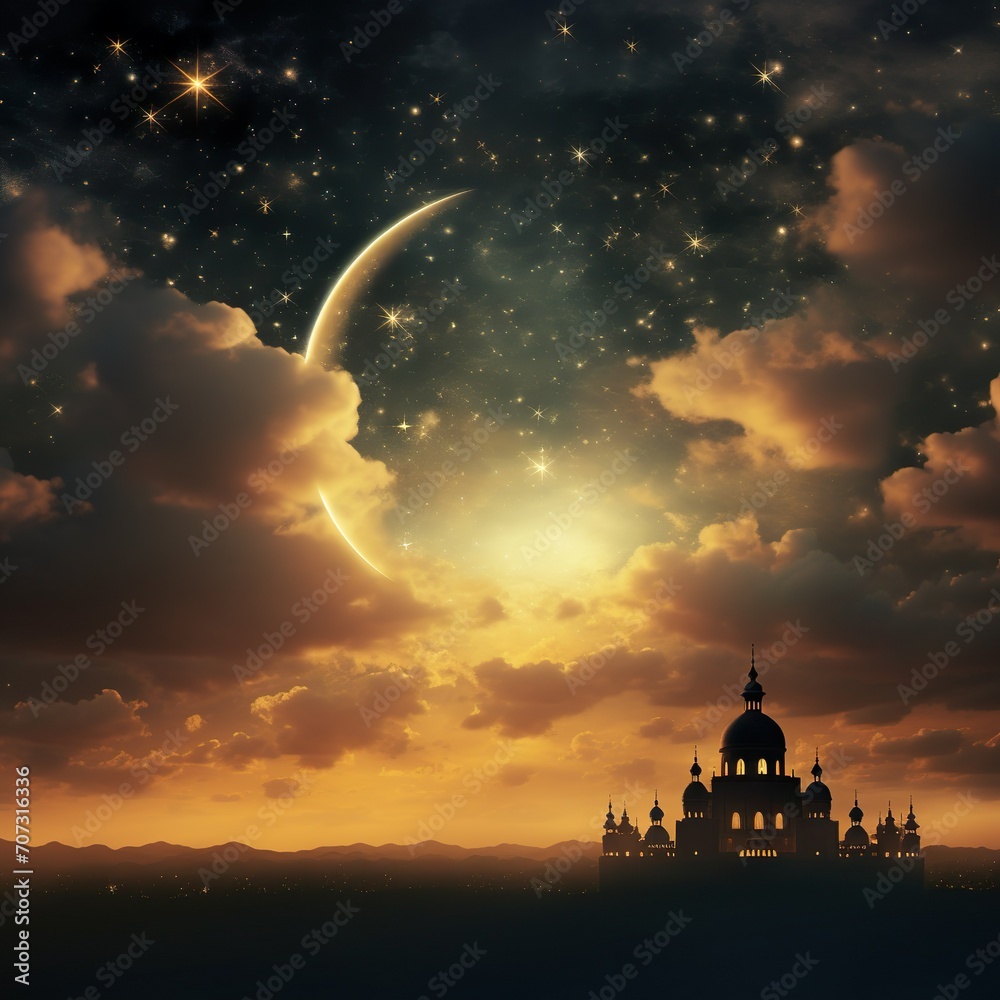 magic ramadan sky with crescent moon star and evening sun, eid mubarak ramadan kareem, islamic holiday celebration concept with copy space - Generative AI