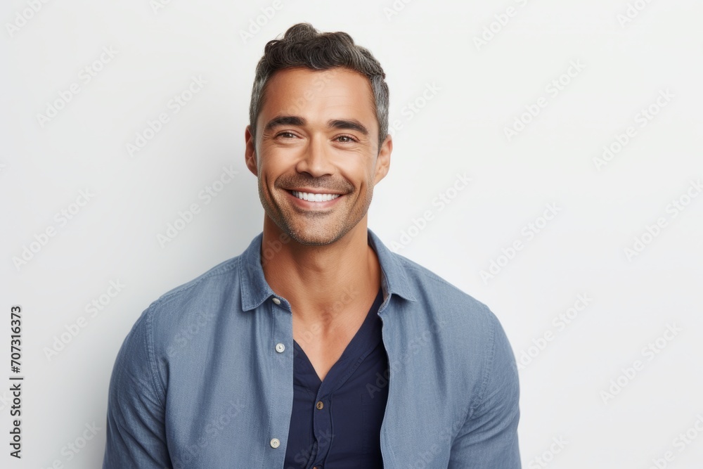 Portrait of handsome mature man smiling and looking at camera, standing against grey background