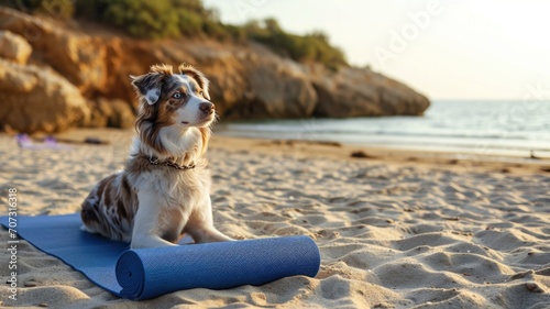 selective focus on exercise Mat on the grass and big dog on the beach
