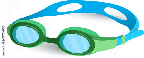 Blue and green swim goggles isolated on white. Swimming accessory for pool or sea. Water sports gear vector illustration.