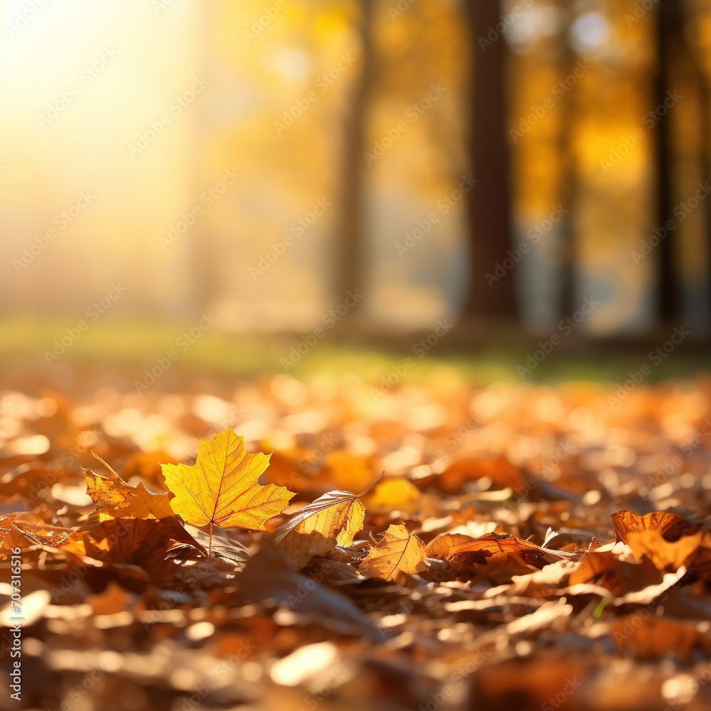 idyllic fall leaf meadow background in sunshine, close-up of an autumn nature scene in a garden in golden october with copy space - Generative AI