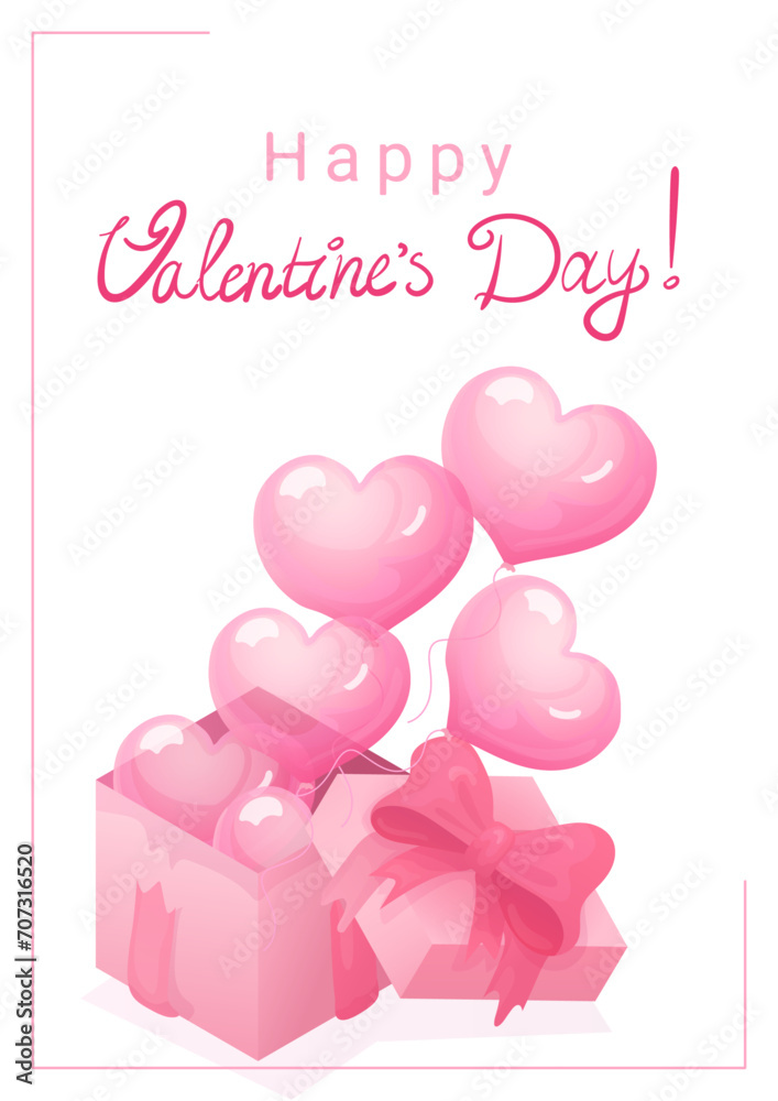 A4 vector illustration: pink box, heart balloons in white, dark, and pink, and handwritten greetings. Ideal for banners, posters, cards, or postcards with a love or Valentine's Day theme.