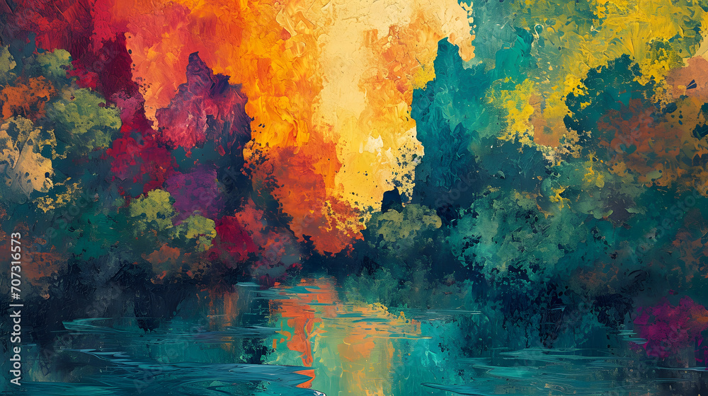 A vibrant and abstract depiction of nature, blending rich acrylic paints to capture the essence of trees and water in a modern work of art A vibrant and abstract depiction of nature, blending rich acrylic paints to capture the essence of trees and water in a modern work of art