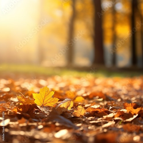 idyllic fall leaf meadow background in sunshine, close-up of an autumn nature scene in a garden in golden october with copy space - Generative AI