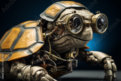 Anthropomorphic steampunk turtle isolated on dark blue background. Animal character concept