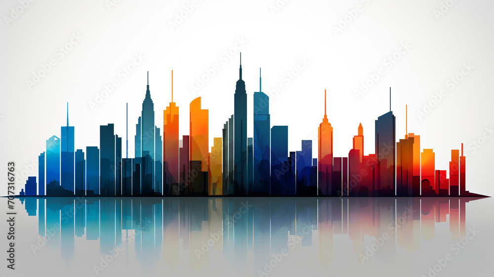 This is a colorful illustration of a city skyline with reflections, using a blue to red gradient, depicting a sunset or sunrise over an urban landscape. Cityscape concept. AI generated.