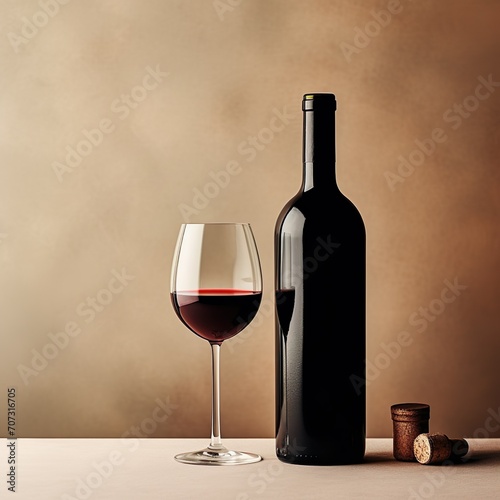 Bottle and glass of red wine on a beige background - Generative AI