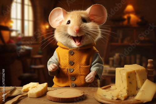 Funny rat with cheese on wooden table in kitchen, closeup. Anthropomorphic mouse, animal character © Татьяна Евдокимова