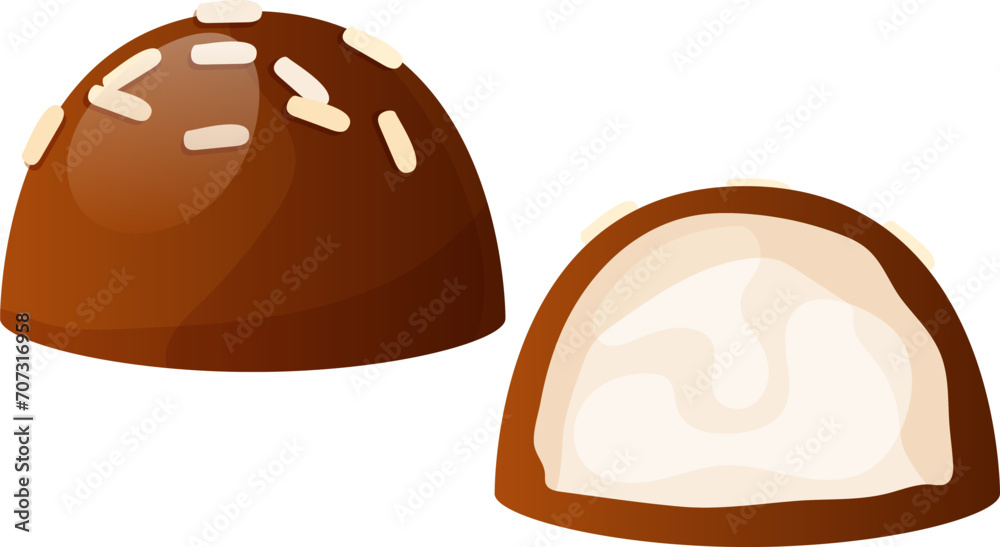 Two pieces of chocolate candy, one with nuts and one with a swirl filling. Gourmet sweet treats and dessert vector illustration. Two pieces of chocolate candy, one with nuts and one with a swirl filling. Gourmet sweet treats and dessert vector illustration.