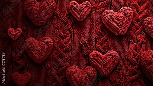 Knitted red hearts  upper right  dark red with hexagons  Digital Art  fabric texture 