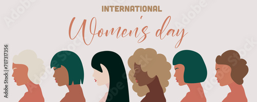 Greeting banner for March 8 with many multiracial women on grey background. International Women Day celebration
