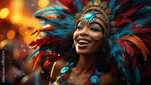 Beautiful Brazilian woman wearing colorful Carnival costume during Carnaval street parade in city.