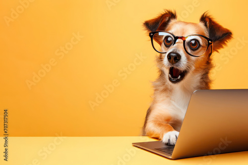A dog with glasses and a surprised look on her face is looking at a laptop on solid yellow background. ai generative photo