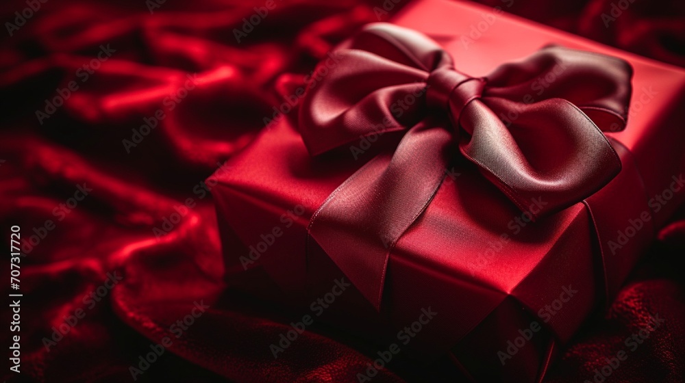 A single elegant Valentine's gift box with a large bow, spotlighted, on a dark red velvet, dramatic and focused, Photography, DSLR with a wide aperture lens, A single elegant Valentine's gift box with a large bow, spotlighted, on a dark red velvet, dramatic and focused, Photography, DSLR with a wide aperture lens,