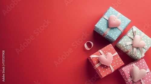 Handmade Valentine's gift boxes in pastel colors on a red backdrop, soft, dreamy ambiance, Paper Craft, detailed textures, © Muhammad