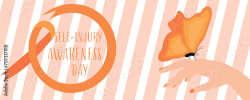 Banner for Self-Injury Awareness Day with orange ribbon, female hand and butterfly photo