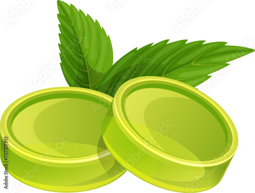 Two green mint candies with fresh mint leaves. Refreshing peppermint candy illustration. Mint breath fresheners, natural flavor vector illustration.