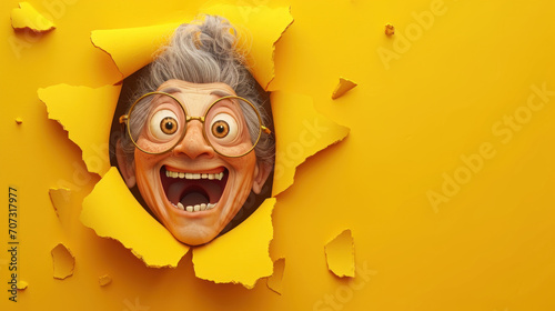 A crazy laughing grandma looks through a hole in a yellow wall, smiling, cartoon illustration