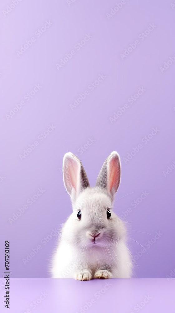 Cute bunny little ears, white rabbit on lavender background, Easter celebrations and pet care with copyspace for text.