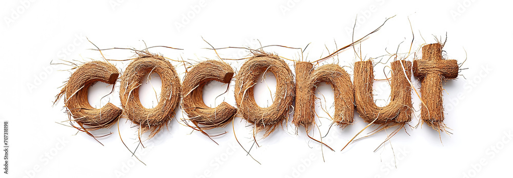  the word "coconut" with letters crafted from the fibrous texture of coconut husks against a clean white background, highlighting the natural and tropical characteristics of the coconut. - obrazy, fototapety, plakaty 