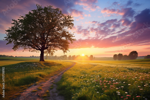 Sunset over meadow with lonely tree and flowers. Nature composition.