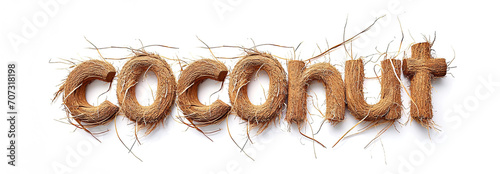  the word "coconut" with letters crafted from the fibrous texture of coconut husks against a clean white background, highlighting the natural and tropical characteristics of the coconut.