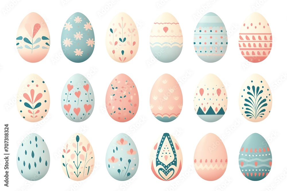 set Assortment of pastel blue, pink Easter eggs with decorative floral, dots and lines patterns on white background, concept for holiday craft and seasonal decor businesses.