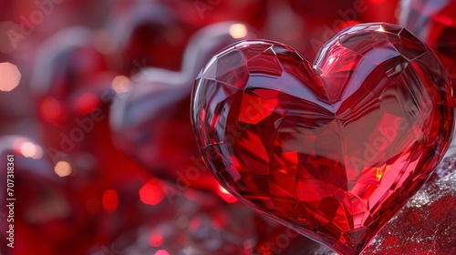 Glass-like red hearts, lower right, deep red with hexagon shapes, 3D , glass effect,