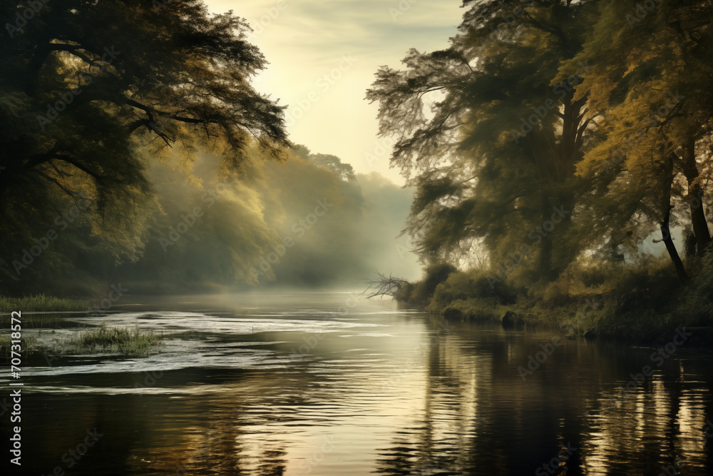 Sunrise on the river in the misty morning. Beautiful autumn landscape.