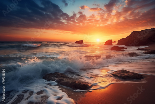 Sunset over the ocean. Beautiful seascape with foamy surf. Natural composition.
