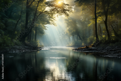 Beautiful river in the forest with sunbeams and lens flare. Fog in the forest at dawn