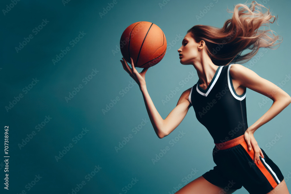A female basketball player spinning basketball on solid color background. ai generative