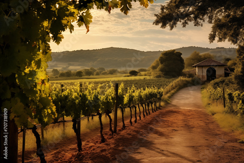 Serenity in the Vineyard: Peaceful Rural Landscape. Road to the village along the vineyards at sunset