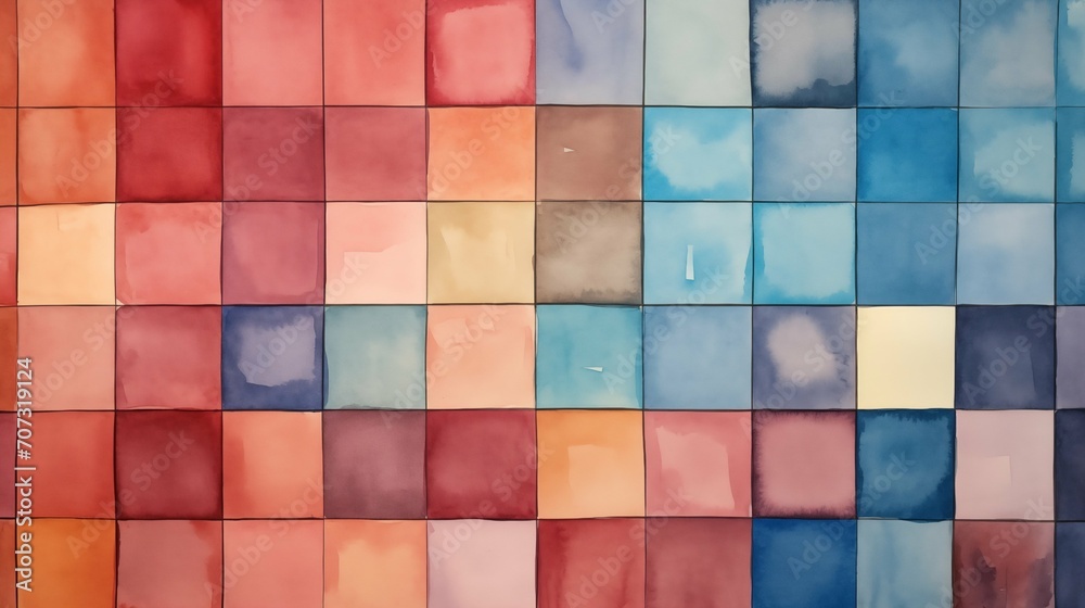 Watercolor painting in cubic style, geometric patterns in the style of tiles and mosaics. abstract background in red and blue colors, modern illustration Watercolor painting in cubic style, geometric patterns in the style of tiles and mosaics. abstract background in red and blue colors, modern illustration
