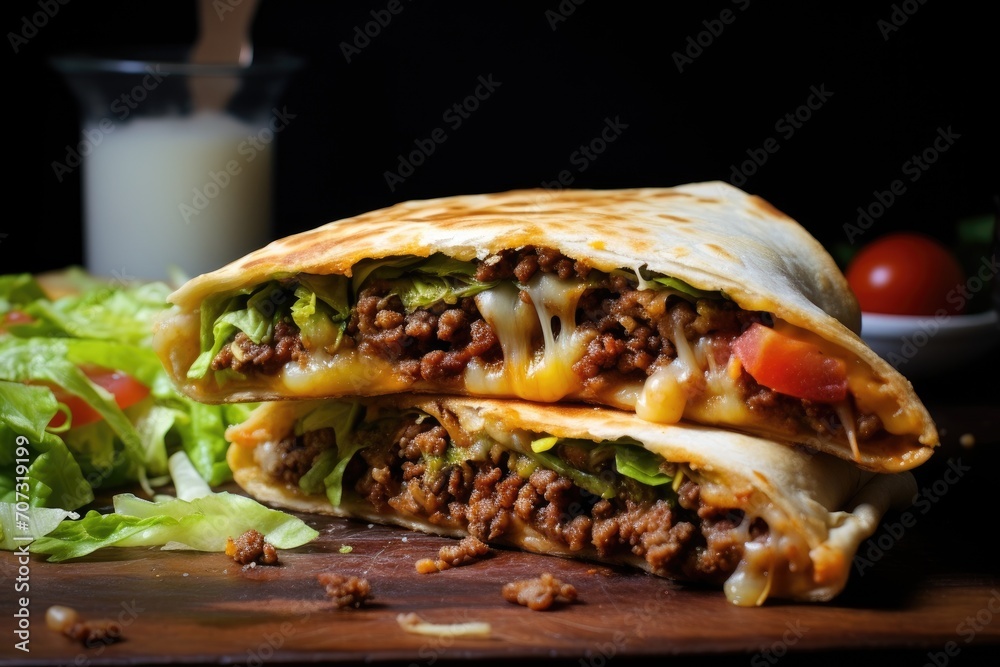 Homemade beef crunch wrap supreme. Supreme nachos cut in half and stacked on each other - obrazy, fototapety, plakaty 
