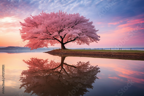 Sakura tree at sunset with reflection in water. Beautiful nature landscape