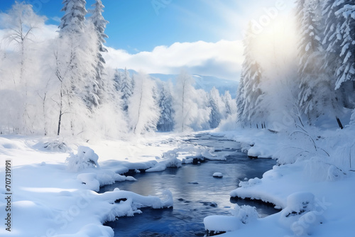 Beautiful winter landscape with snow covered trees and river at sunny day