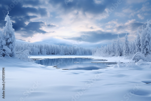 Winter landscape with snow covered trees and lake under blue cloudy sky.