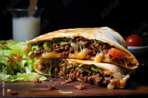 Homemade beef crunch wrap supreme. Supreme nachos cut in half and stacked on each other photo
